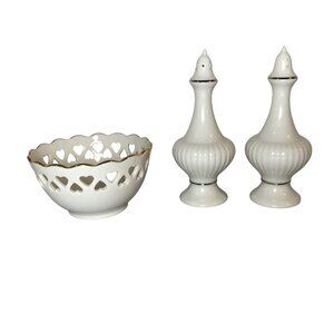 Lenox Porcelain Salt & Pepper Shakers With Heart Cutout Bowl